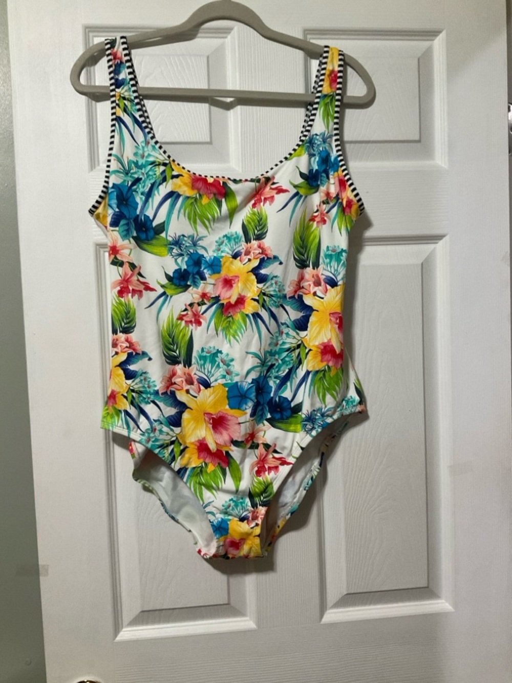 Tropical Floral One-Piece Swimsuit - White Base with Multicolor Hibiscus Print